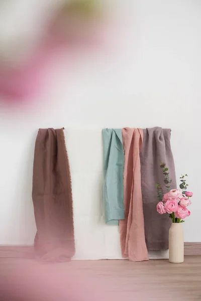 Sewing Concept Linen Colored Fabrics Selective Focus Image — ストック写真
