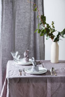 Keten masa örtüsü ve keten peçeteli ev dekorasyonu konsepti, seçici odak resmi
