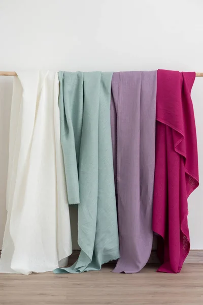 Different Colors Linen Fabric Sewing Concept Selective Focus Image — ストック写真