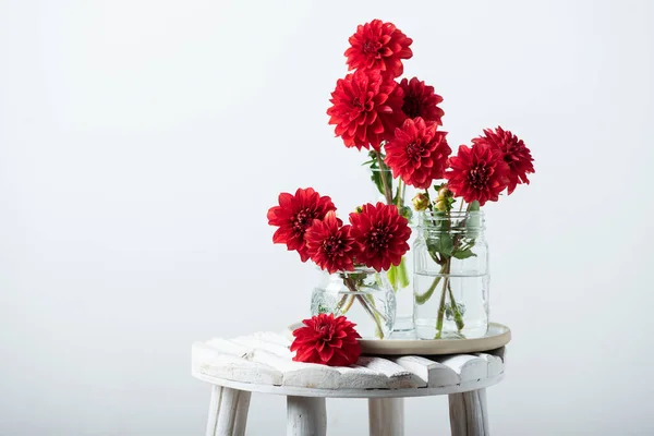 Czerwone Niesamowite Kwiaty Dahlie Drewnianym Stole Selektywny Obraz Ostrości — Zdjęcie stockowe