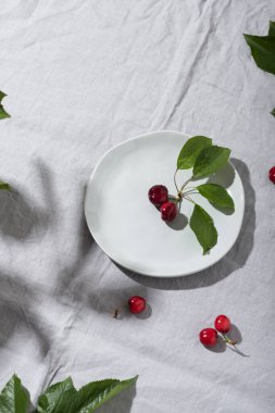 Sert güneş ışığıyla yaz konsepti, gri masa örtüsünde yaprakları olan kırmızı kiraz, seçici odaklı resim.