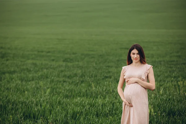 Hamile Kadın Yeşil Çimlerle Tarlada Duruyor Karnını Kucaklıyor Güneş Işığı — Stok fotoğraf