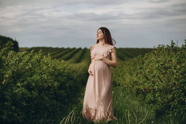 Mujer Embarazada Bastante Joven Vestido Relajante Aire Libre Naturaleza Día — Foto de Stock
