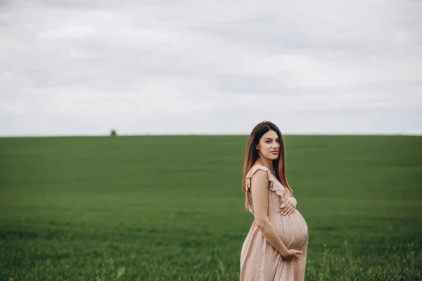 Une Belle Jeune Femme Enceinte Dans Chapeau Tient Sur Champ — Photo