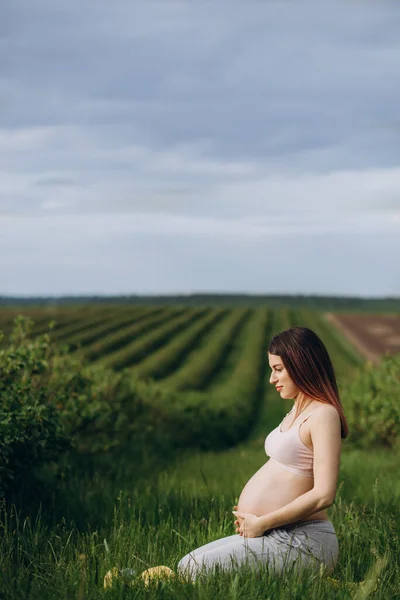 Femme Enceinte Active Fait Des Exercices Sportifs Dans Parc Été — Photo