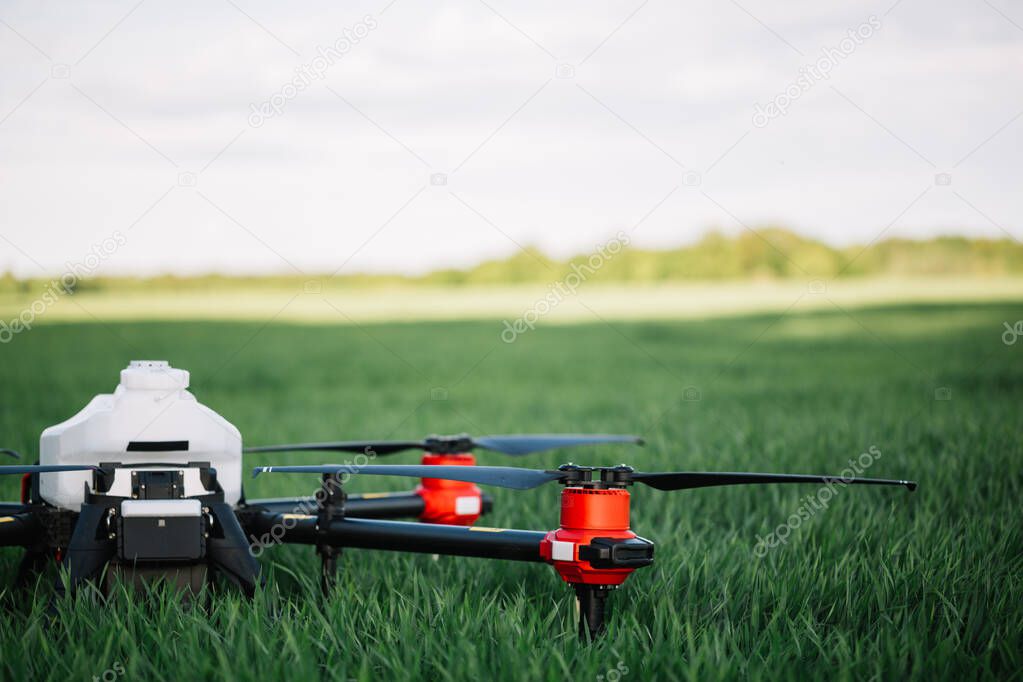Agriculture drone flying on the green tea field at sunrise