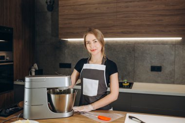 Modern daldırma mikseri mutfakta pişirmek ve tatlılar için. Ev ve profesyonel pastacılar ve fırıncılar için profesyonel ekipman. Aile işi. Sipariş edilecek pastalar.