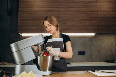 Modern daldırma mikseri mutfakta pişirmek ve tatlılar için. Ev ve profesyonel pastacılar ve fırıncılar için profesyonel ekipman. Aile işi. Sipariş edilecek pastalar.