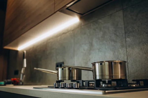Topf Auf Gasherd Und Kochen Der Küche — Stockfoto