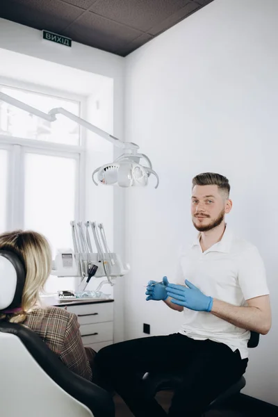 Young Fun Orthodontist Dentist Caucasian Man Wear Gown Showing Jaw — Stock Photo, Image