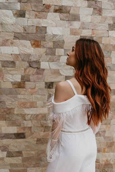 Beautiful Lady Black White Dress Posing White Brick Wall Beauty — Stock Photo, Image