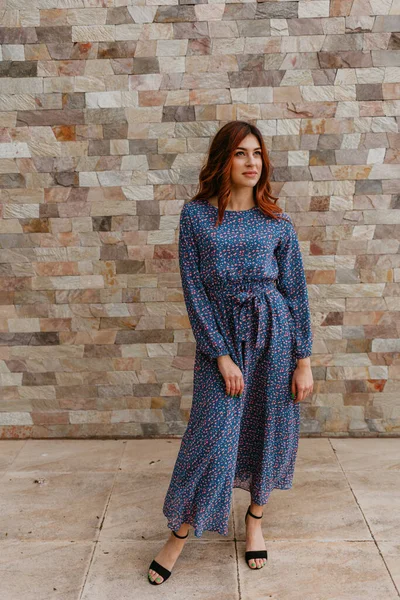 Beautiful Young Women Summer Dress Posing Outdoor Red Brick Wall — Stock Photo, Image