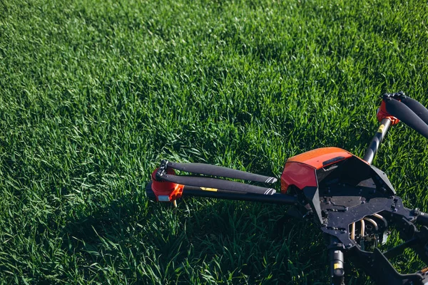 Moderne Drohnen Fliegen Sonnigen Tagen Über Das Getreidefeld Landwirtschaft — Stockfoto