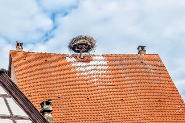 Střecha s hnízdo čápů — Stock fotografie