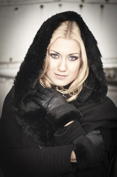 Beautiful Woman in black Coat — Stock Photo, Image