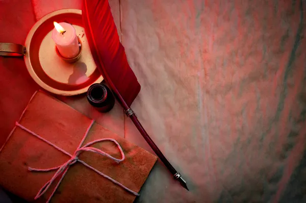 Writing Book Vintage Letter Concept Red Candlelight Illuminating Old Quill — Stock Photo, Image