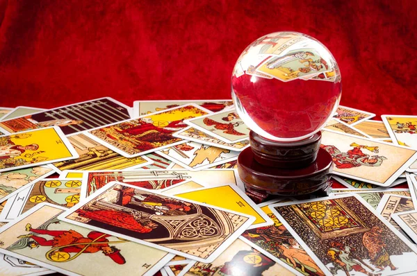 Fortune Teller Whitcraft Concept Crystal Ball Surrounded Scattered Tarot Cards — Stock Fotó