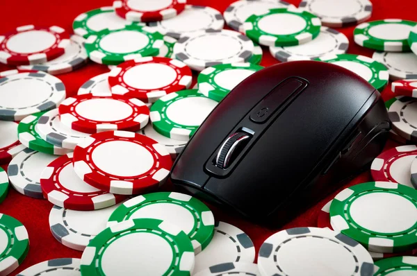 Jogo Online Conceito Poker Internet Com Close Mouse Computador Preto — Fotografia de Stock