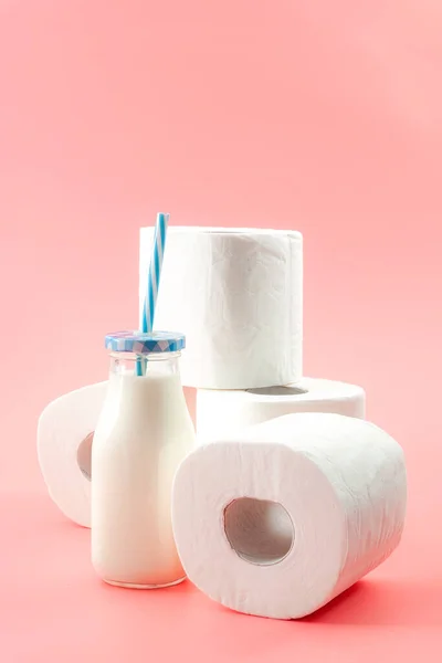 Lactose Intolerance Inability Digest Milk Concept Theme Bottle Milk Blue — Stock Photo, Image