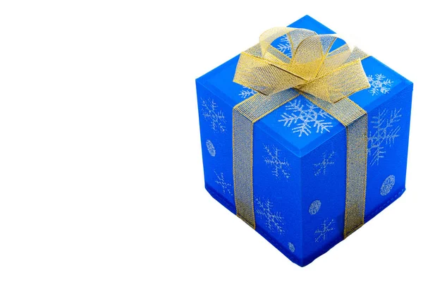 Merry Christmas Happy Holidays Concept Blue Gift Box Gold Bow — Stock Photo, Image