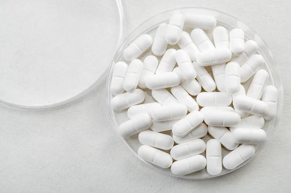 Gyógyszerészeti Labor Gyógyszerészeti Kutatási Koncepció Fehér Orvosi Tabletták Egy Petri — Stock Fotó
