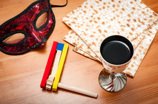 Judaism Religious Jewish Holiday Matzos Unleavened Flatbread Cup Wine Wooden — Stock Photo, Image