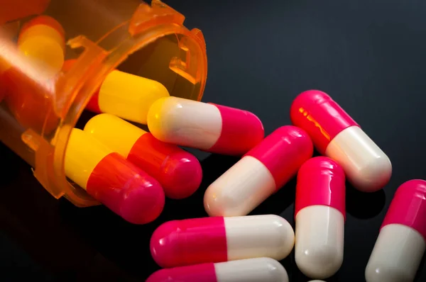 Healthcare Medical Drugs Concept Closeup Pills Spilling Prescription Pill Bottle — стоковое фото