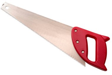 Manual metallic saw with red plastic grip isolated on white background with clipping path cutout concept for home improvement tool, professional craftsmanship and hardware tools