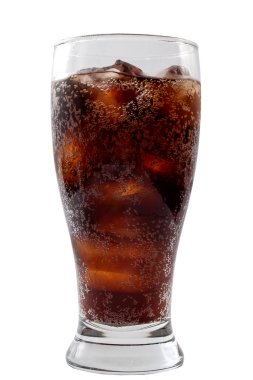 Cool glass of cola flavoured soda chilled with ice and condensation dewdrops dripping isolated on white background with clipping path cutout concept for sugary soft drinks and refreshing beverages