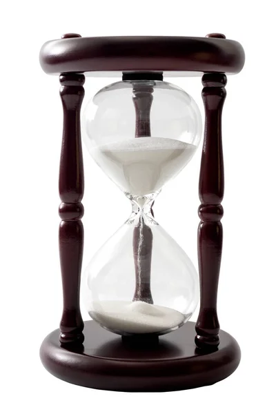 Sand Flowing Transparent Hourglass Used Measure Passing Time Isolated White Image En Vente