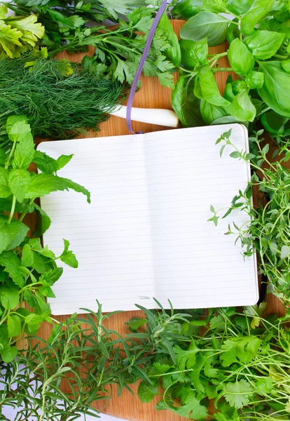 Blank notebook for recipes with herbs — Stock Photo, Image