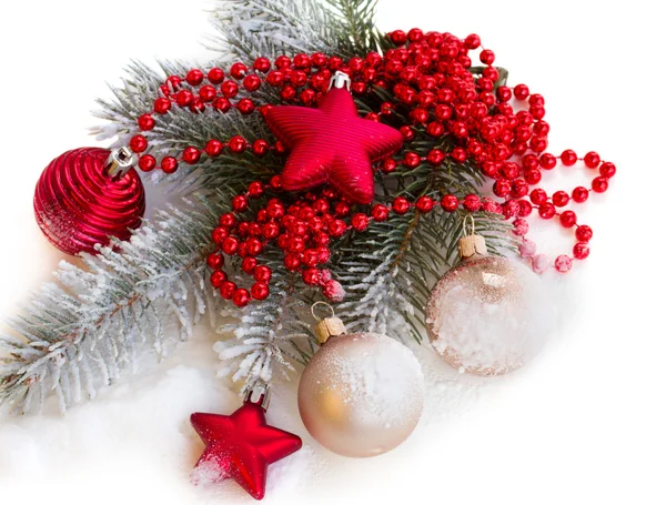 Fir tree branch with christmas decorations — Stock Photo, Image