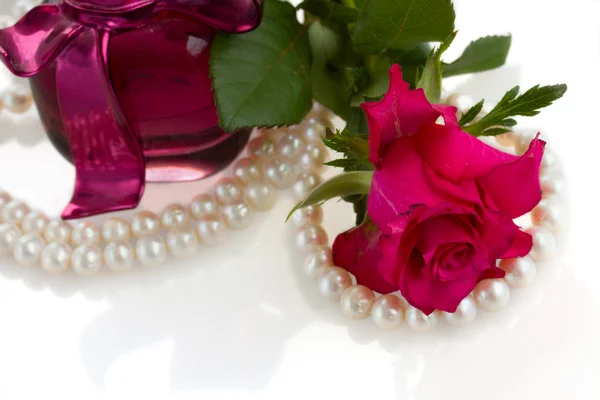 Розовая роза с жемчужным ожерельем — стоковое фото