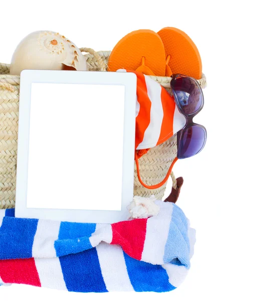 Sunbathing accessories with tablet — Stock Photo, Image