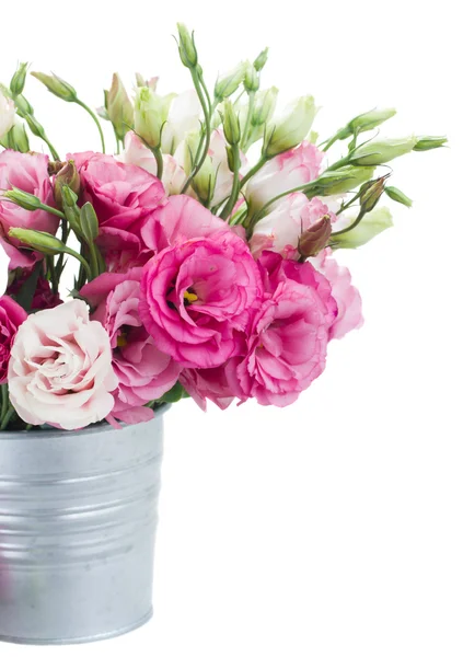 Roze eustoma bloemen in metalen pot close-up — Stockfoto