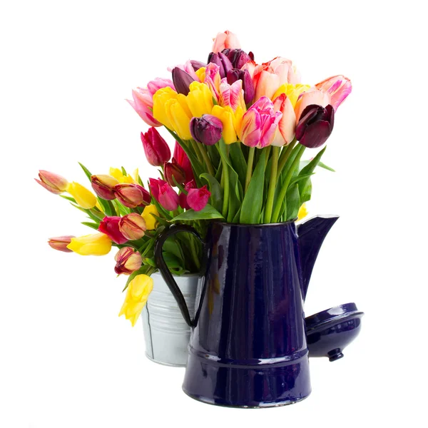 Pentole con mazzo di fiori di tulipani — Foto Stock