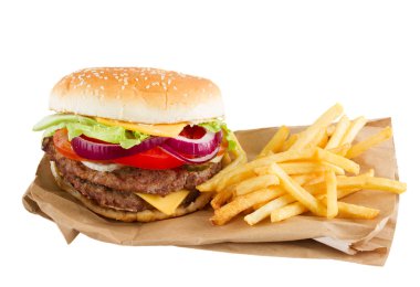 Hamburger en friet op papier
