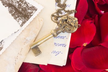 Eski gazeteleri ve gül yaprakları ile anahtar