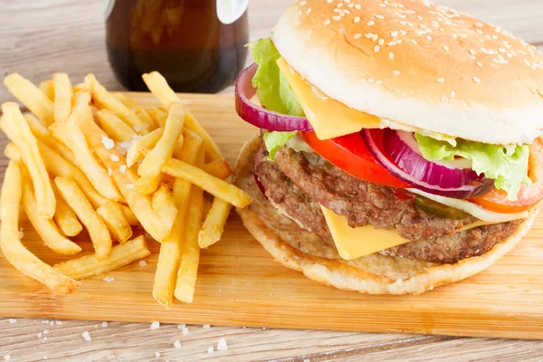 Big burger with french fries — Stock Photo, Image