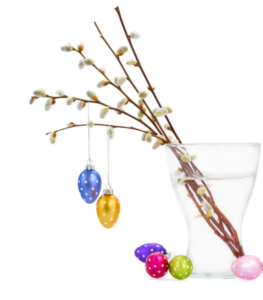 Willow twigs and Hanging easter eggs — Stock Photo, Image