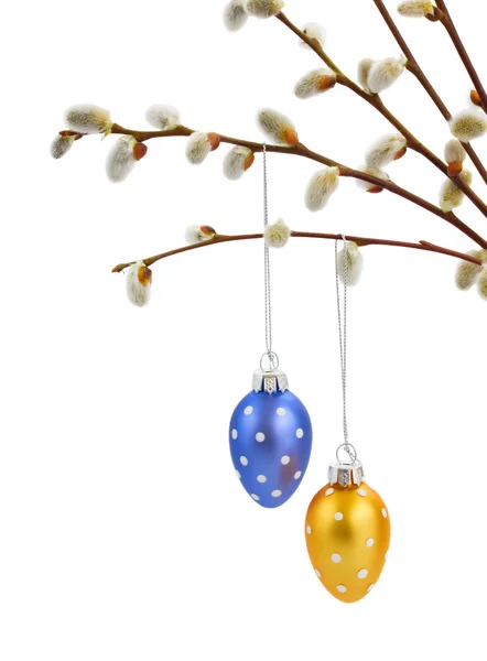 Willow twigs and hanging easter eggs — Stock Photo, Image
