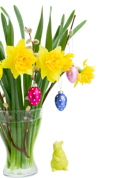 Daffodils with catkins and easter eggs — Stock Photo, Image