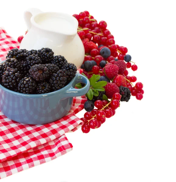 Fresh berries with jug of  milk — Stock Photo, Image
