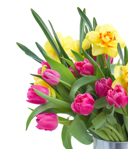 Strauss aus rosa Tulpen und gelben Narzissen — Stockfoto