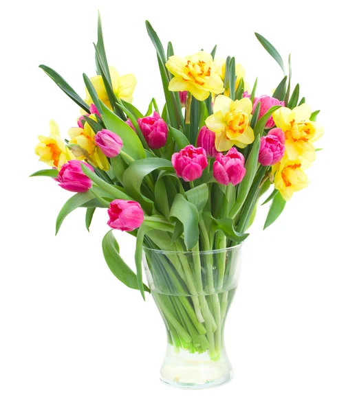 Bouquet of  tulips and daffodils in vase — Stock Photo, Image