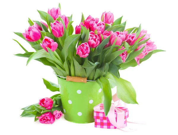 Bouquet de tulipes roses en pot vert — Photo