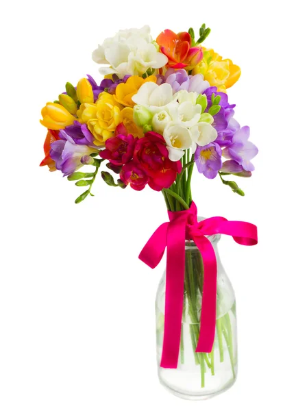 Bouquet of pink tulips and yellow daffodils — Stock Photo, Image