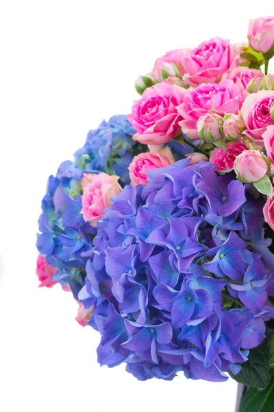 Rosa rosor och blå hortensia blommor på nära håll — Stockfoto