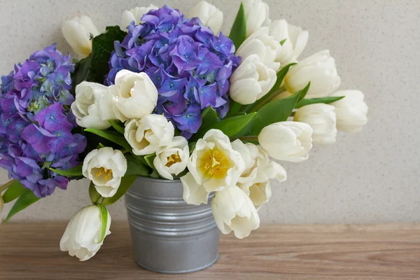 Tulipes blanches et fleurs d'hortensia bleues — Photo