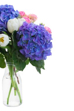 vecize Beyaz Laleler, pembe Gül ve mavi HORTENSIA çiçek